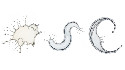 Creative splash of black ink with water on transparent background forming abstract swirling shapes and splatters