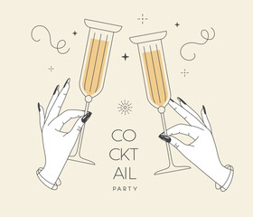 Line art hands with cocktails and firework. Cocktail party. Celebration toast with two cocktail glasses. Vector illustration