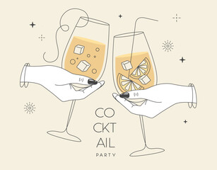 Line art hands with cocktails and firework. Cocktail party. Celebration toast with two cocktail glasses. Vector illustration