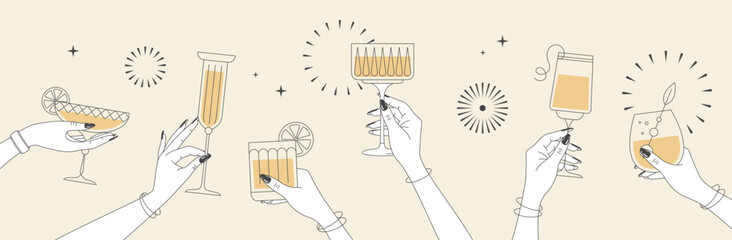 Line art hands with cocktails and firework. Cocktail party. Celebration toast with cocktail glasses. Flat design. Vector illustration