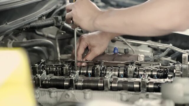 The mechanic is adjusting the valves of a car engine. This image conveys the concentration and dedication of the mechanic working on the engine.