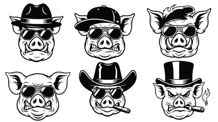 Illustration of six cartoon pigs wearing different hats and sunglasses on a white background.