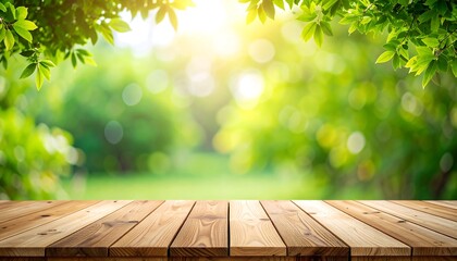 A sunlit, blurred green background features a wooden foreground, with leaves framing the top. The focus is a bokeh effect