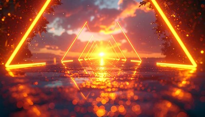A surreal digital artwork depicting a futuristic neon-lit tunnel reflected on a wet surface with a vibrant sunset background
