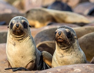 Two curious marine mammals, with dark eyes and fur, sit atop rocky terrain among a large group