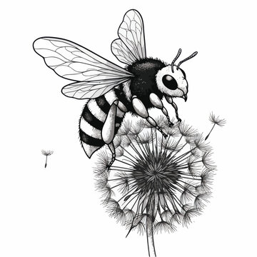Detailed illustration of a bee perched on a dandelion puff.