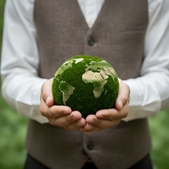 Close up of hands holding the earth on a green background. protect nature