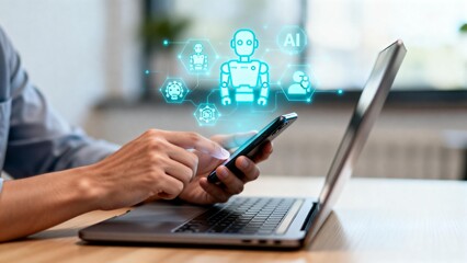 Person using smartphone and laptop with AI icons
