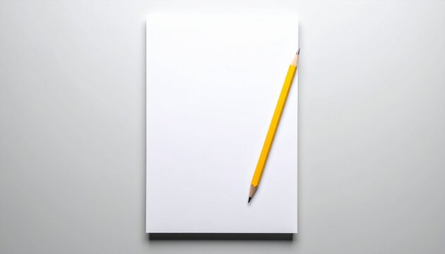 Blank white paper notepad with a yellow pencil on a gray surface, ready for writing.