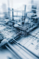 建築設計図と模型に重なるAIデータフローのイメージ（縦）
