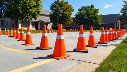 Bright Orange Traffic Cones Lined Up on Pavement for Road Safety and Guidance.