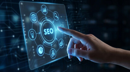 Hand taps glowing virtual screen with 'SEO' at center, surrounded by marketing icons. Concept of digital optimization, strategy & online business growth
