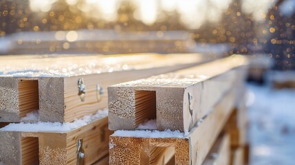 Snow covers stacked wooden planks in a construction area during winter sunlight hours in a suburban location