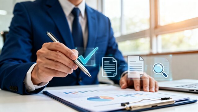 Businessman in suit analyzing data - Powered by Adobe