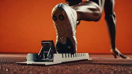 Low Angle Close Up of Sprinter Foot in Starting Block on Running Track against Orange Background