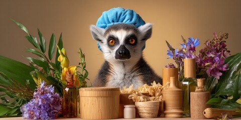 Obraz premium Lemur with blue shower cap surrounded by natural spa elements and flowers
