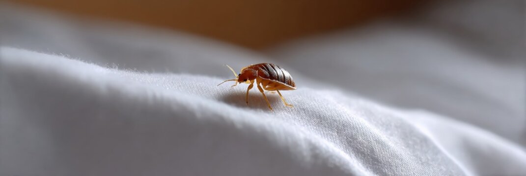 Close-up of bed bug on white fabric surface and its details