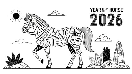 Black and white illustration of a horse with zodiac symbols for the year 2026.