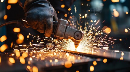 Worker uses tool to cut metal in workshop during daylight with sparks flying