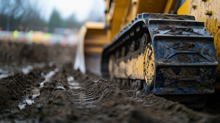 Heavy machinery works on a construction site with muddy ground and tractor tracks during an overcast day