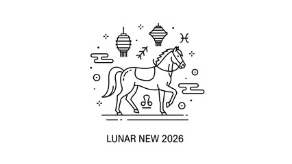 Simple line art illustration of a horse with lanterns for Lunar New Year 2026.