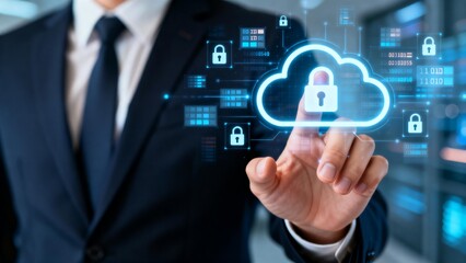 Businessman interacting with cloud security interface