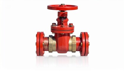 Bright Red Industrial Valve with Handle and Flanges Isolated on White Background.