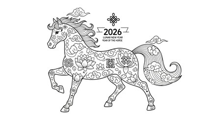 Black and white line art of a running horse with floral patterns for coloring.