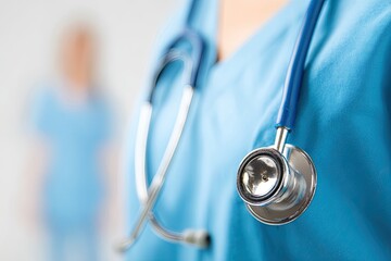 Close-up of medical professional wearing blue scrubs, stethoscope draped, another person in background