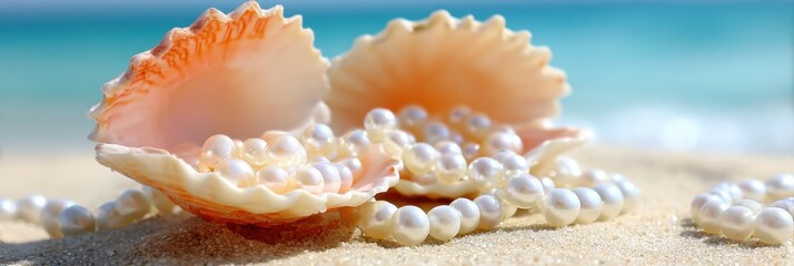 Seashell with Pearls on Sandy Beach