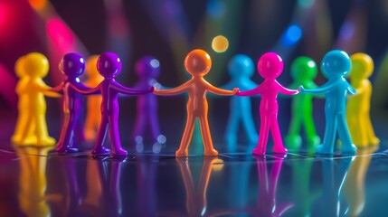 Colorful figures join hands in harmony. This creative depiction showcases unity and diversity through vibrant colors. A modern take on connection and collaboration. Generative AI