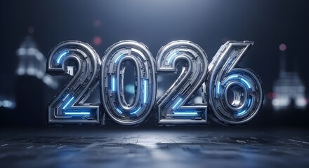 A futuristic neon sign displaying the year 2026 in a dark cityscape