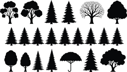 Tree silhouette collection, conifers, broadleaf shapes, umbrella tree, seasonal foliage, botanical diversity, forest icons, flat vector illustration