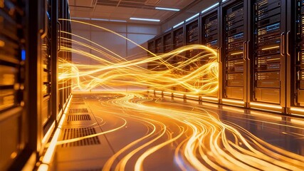 Server room with glowing data streams - Powered by Adobe