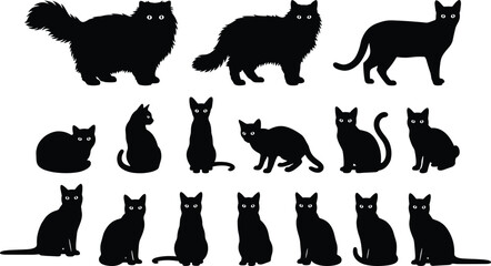Black cat silhouettes, feline pose icons, spooky pet figures, Halloween animal shapes, mysterious shadow cats, flat vector illustration © MdRuhul