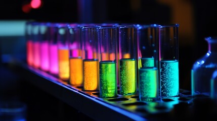 Colorful glass test tubes hold vibrant liquids that glow under fluorescent lights. Each tube showcases a unique color. A fascinating sight for science lovers. Generative AI