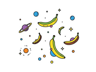 Space bananas and planets floating in galaxy with stars, abstract cosmic illustration