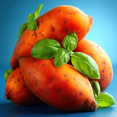 Fresh Sweet potatoes with Basil Leaves