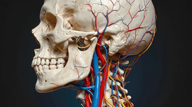 Detailed anatomical model of a human skull with veins and arteries.