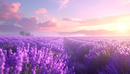 A vibrant field of purple flowers stretches towards the distant mountains under a beautiful sunset sky, hinting at a peaceful atmosphere