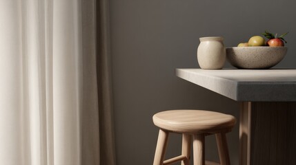 Bright kitchen scene featuring fresh fruits in bowl, emphasizing