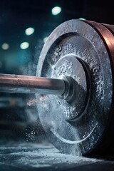 Heavy barbell loaded with weights, dust swirling around, showcas