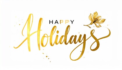 Elegant golden “HAPPY Holidays” script with a decorative flower on a clean white background.