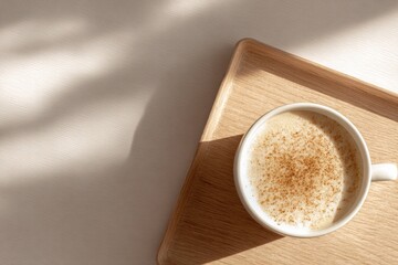Creamy beverage topped with sprinkle of spice, set on natural wo