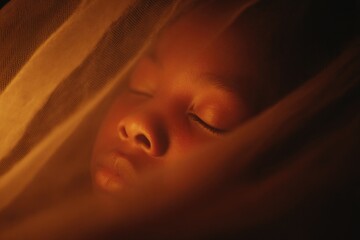 Soft illumination highlights peaceful expression of child, wrapp