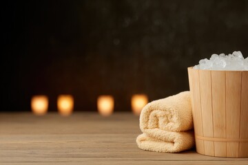 Warm towels beside wooden bucket filled with ice, creating seren
