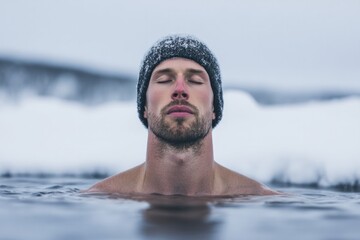 Calm expression in icy water symbolizes rejuvenation and mental