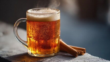Transparent mug brimming with amber cider, topped by frothy layer of fizz. Positioned on matte stone surface, with one