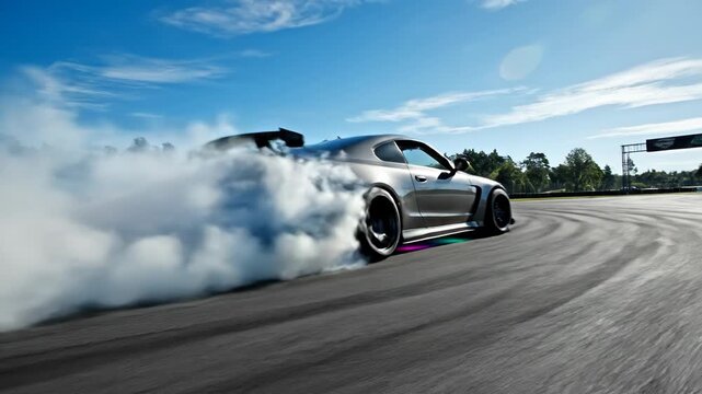 Drifting sports car on track with smoke and tires screeching