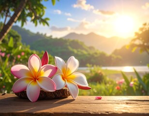 Two delicate plumeria blooms rest on a wooden surface with a lush, green landscape under a bright, sunny sky